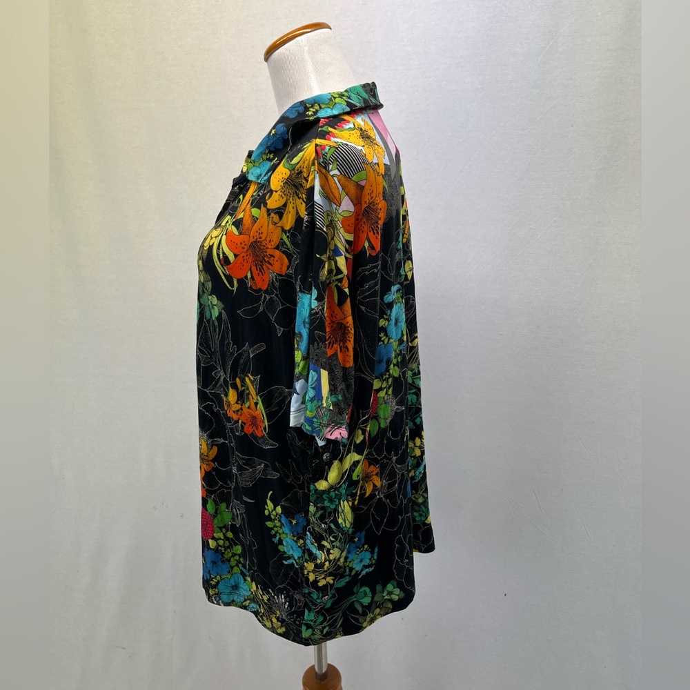 Johnny Was Black Floral Bamboo Jersey Nero Sequence Short Sleeve Polo Top Sz. 1X - Picture 4 of 6